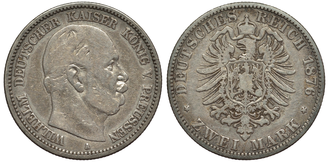 Пруссия 2 марки 1876 A, Вильгельм I (1861-1888) Weege 96, J. 96, KM 506 серебро 02-014-12