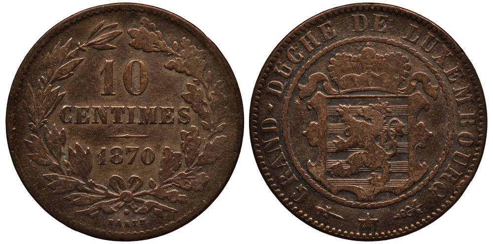 ЛЮКСЕМБУРГ 10 САНТИМОВ 1870 u, ГЕРЦОГ ВИЛЛЕМ III НИДЕРЛАНДСКИЙ (1849-1890), МОНДВОР УТРЕХТ, С ТОЧКОЙ НАД BARTH НА РЕВЕРСЕ КМ 23.1 бронза 4536-436