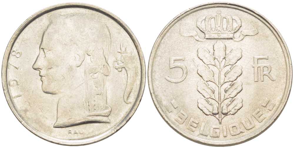 БЕЛЬГИЯ 5 ФРАНКОВ 1978 BELGIQUE, БОДУЭН I (1951-1993) KM 134.1 медно-никель 202-1255
