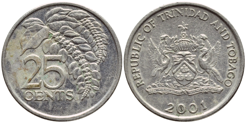 Тринидад и Тобаго 25 центов 2001 цветок дикая пуансеттия KM 32 медно-никель 4396-814