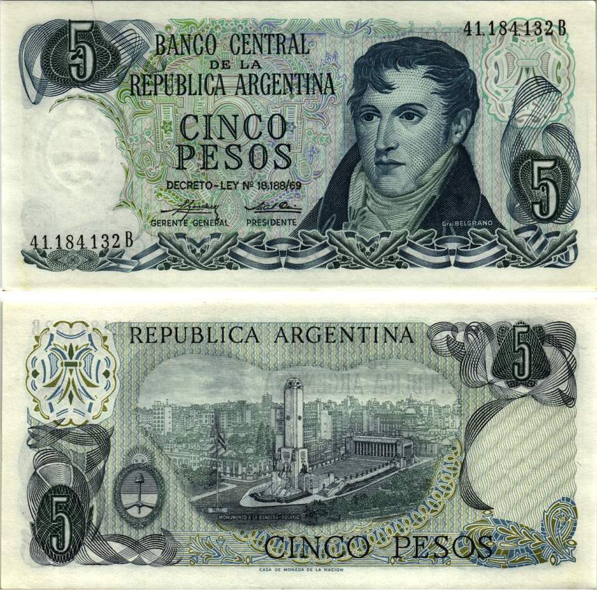 АРГЕНТИНА 5 ПЕСО 1975 СЕРИЯ В41184, МАНУЭЛЬ БЕЛЬГРАНО Pick 294, Bottero 2331 бумага UNC (ПРЕСС) 8615-51-2-2