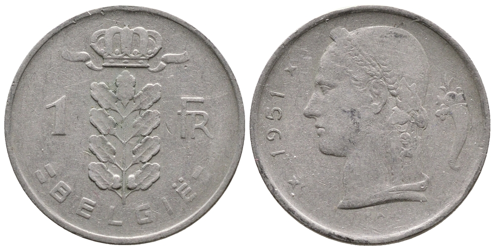 БЕЛЬГИЯ 1 ФРАНК 1951 BELGIE KM 143.1 медно-никель 4381-531