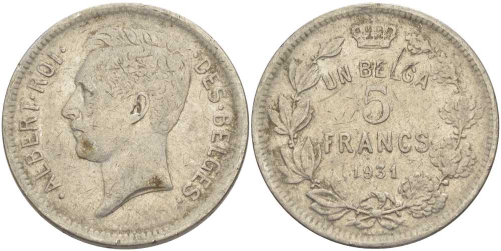 БЕЛЬГИЯ 5 ФРАНКОВ 1931 АЛЬБЕРТ I, DES BELGES KM 97.1 никель 3851-214