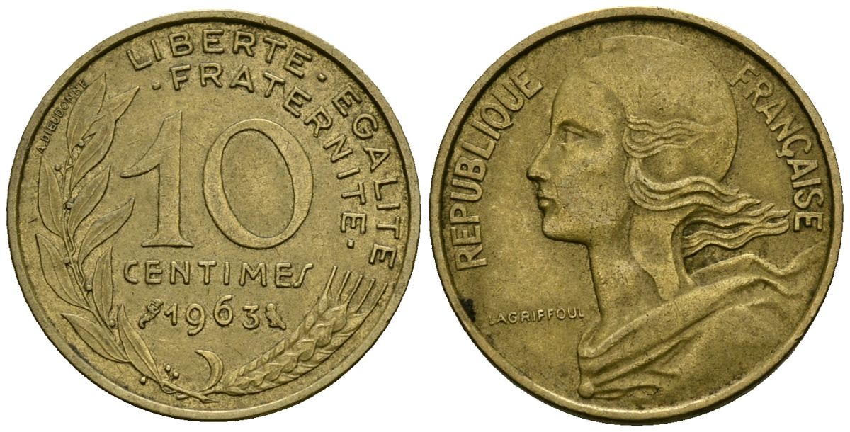 Франция 10 сантимов 1963 тип Marianne KM 929 алюминиевая бронза 4136-369