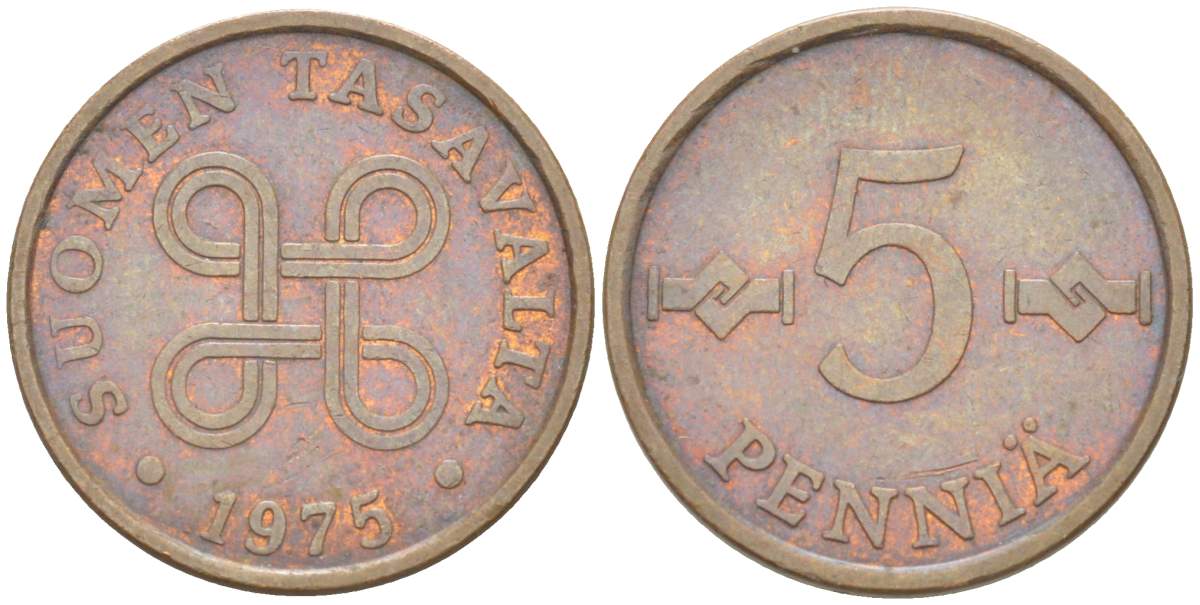 ФИНЛЯНДИЯ 5 ПЕННИ 1975 KM 45 медь 4516-1266