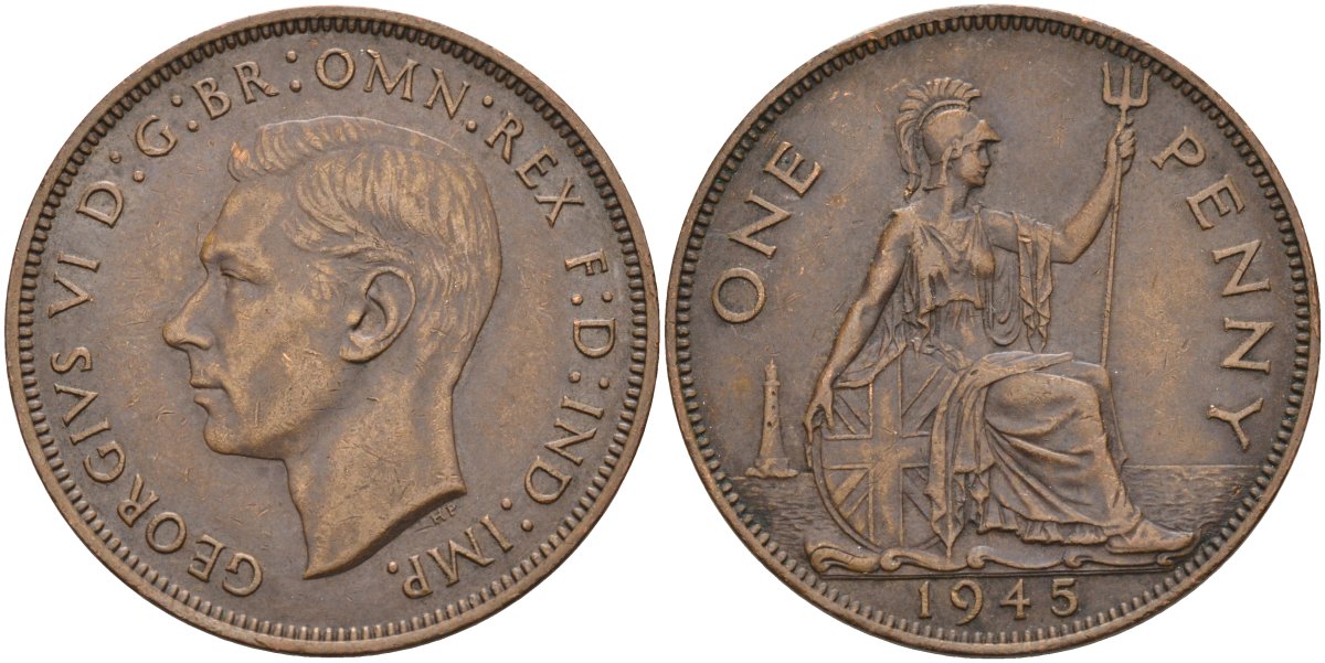 Великобритания 1 пенни 1945 Георг VI (1936-1952) KM 845, Spink 4114 бронза 4117-1226