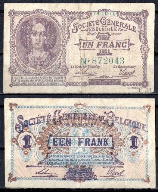 Бельгия 1 франк 1918 Немецкая Оккупация Pick 86 b бумага 8613-15-2-1