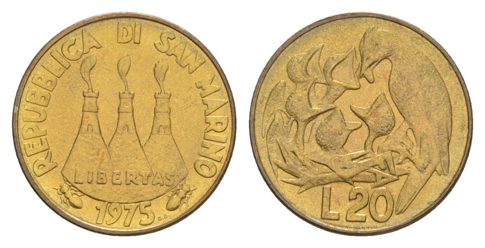 Сан-Марино 20 лир 1975 Любовь у животных KM 44 алюминиевая бронза UNC 4647-168