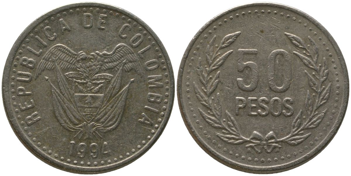 Колумбия 50 песо 1994 KM 283.2 никель латунь 4538-1033