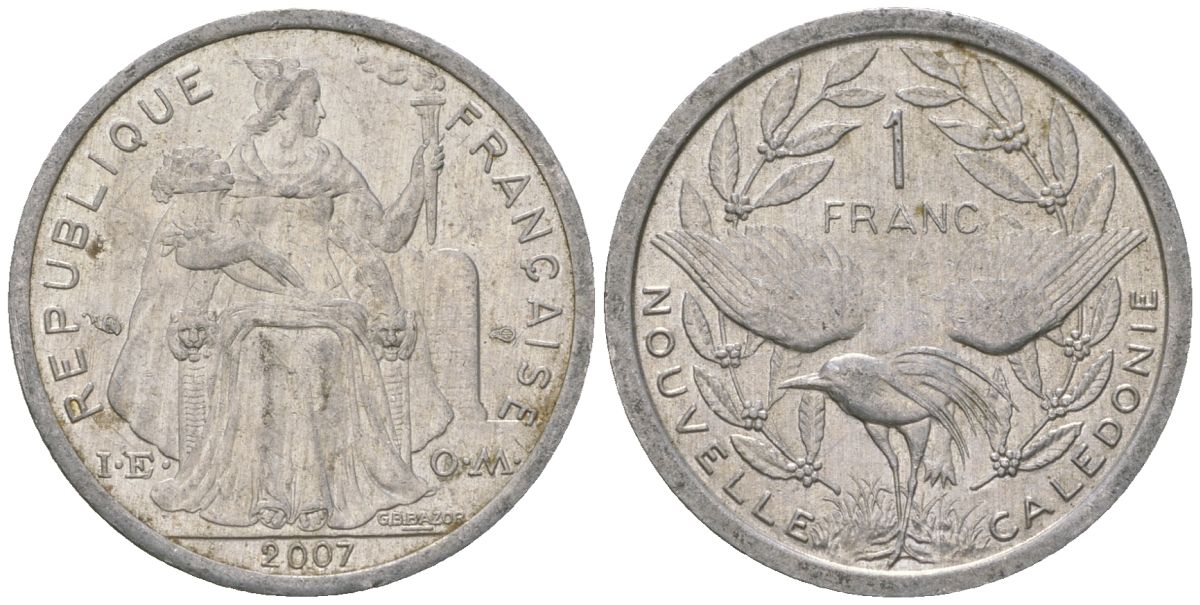 Французская Новая Каледония 1 франк 2007 птица кагу, (IEOM) KM 10, Schoen 10 алюминий 55-212