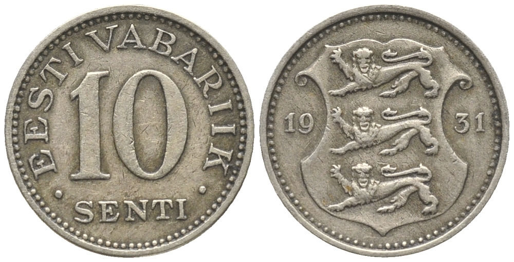Эстония 10 центов 1931 Республика (1928-1940) KM 12 никель бронза 100-831