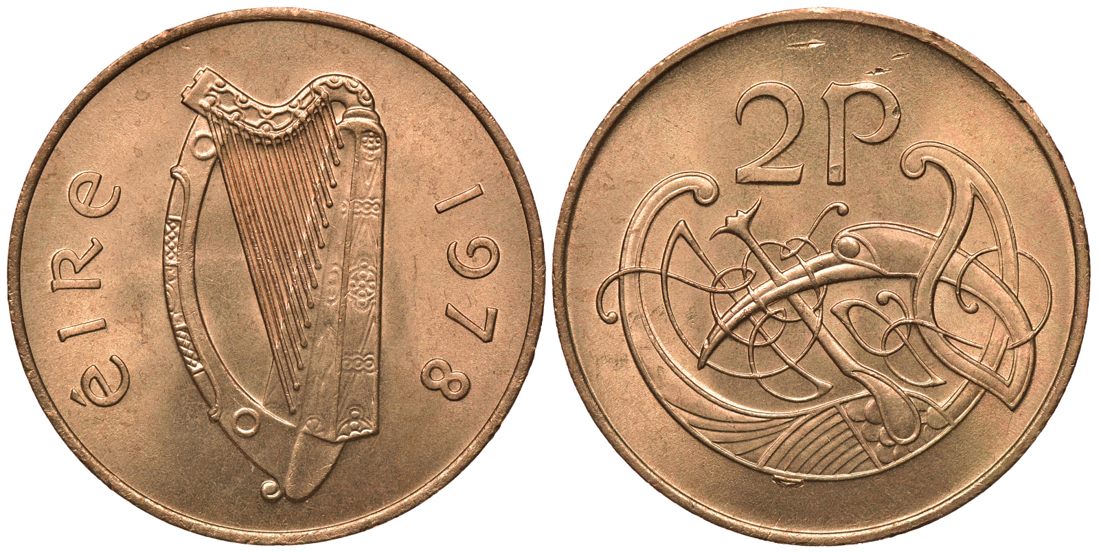 ИРЛАНДИЯ 2 ПЕНСА 1978 ВИНЬЕТКА В ВИДЕ СТИЛИЗОВАННОЙ ПТИЦЫ ИЗ ВТОРОЙ БИБЛИИ КАРЛА II ЛЫСОГО KM 21 бронза UNC 4391-1152