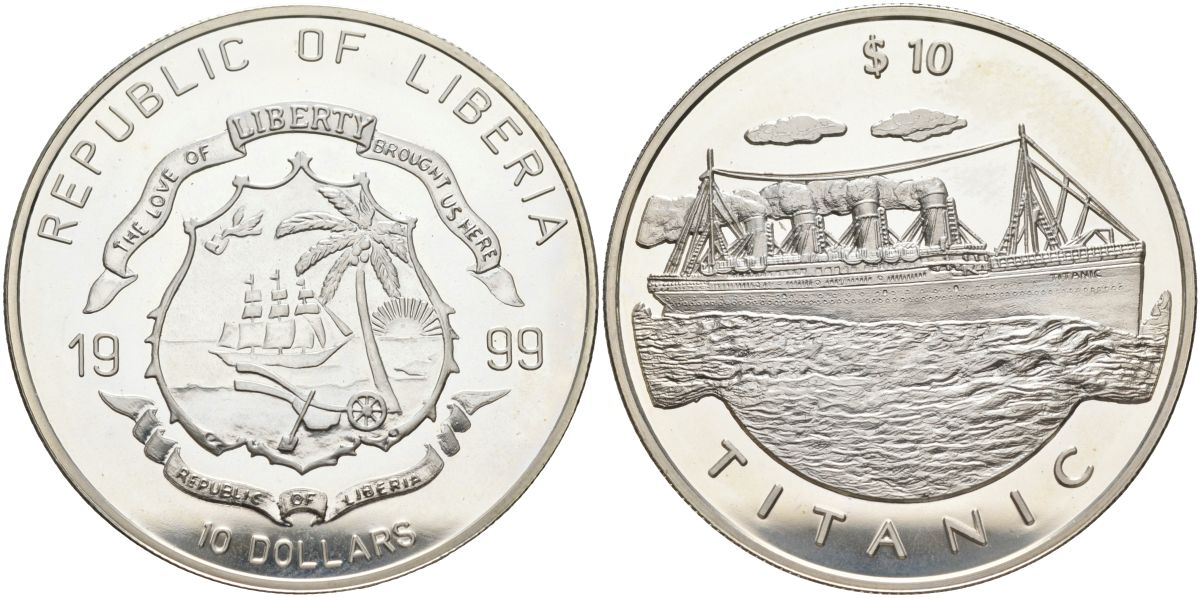 Либерия 10 долларов 1999 корабль Титаник KM 573 серебро PROOF 11-138-45