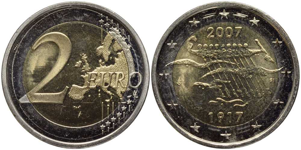 Финляндия 2 евро 2007 90 лет независимости KM 139 биметалл UNC 38-844