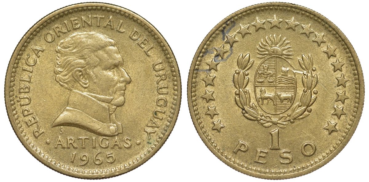 Уругвай 1 песо 1965 KM 46 алюминиевая бронза 106-815