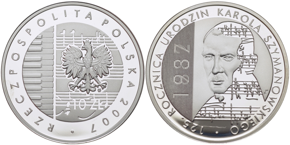 Польша 10 злотых 2007 MW, 125 лет со дня рождения Кароля Шимановского (1887-2007) KM 600 серебро PROOF 11-245-31