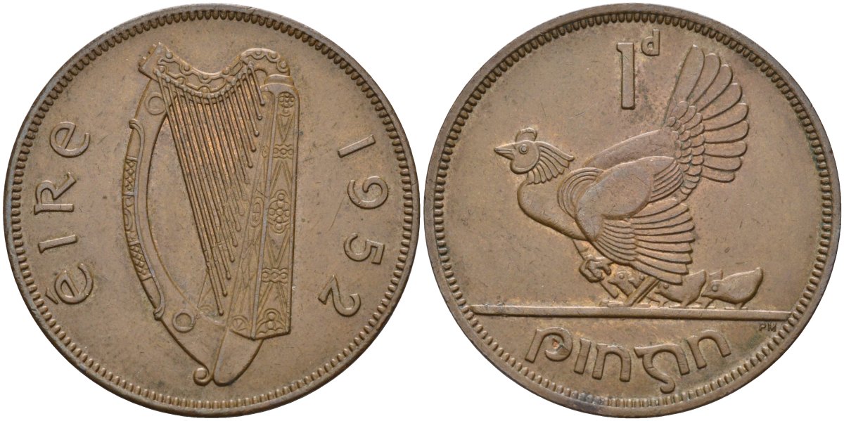Ирландия 1 пенни 1952 курица с цыплятами KM 11 бронза 4593-445