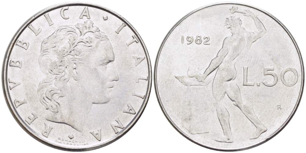 ИТАЛИЯ 50 ЛИР 1982 R, КУЗНЕЦ, ВУЛКАН БОГ ОГНЯ, ДИАМЕТР 25 ММ. KM 95.1 нержавеющая сталь 98-1014