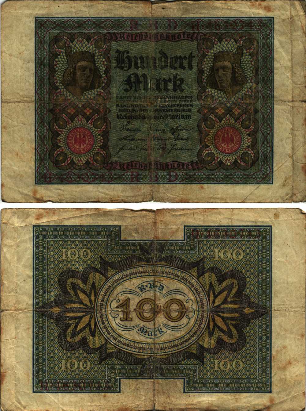 ГЕРМАНИЯ 100 МАРОК 1920 1 НОЯБРЯ 1920, СЕМИЗНАЧНЫЙ НОМЕР, БУКВА D Pick 69а бумага 8609-54-2