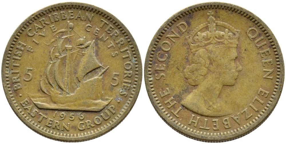 Британские Восточно-Карибские территории 5 центов 1956 Елизавета II (1952-2022), парусник KM 4 никель латунь 4388-1236