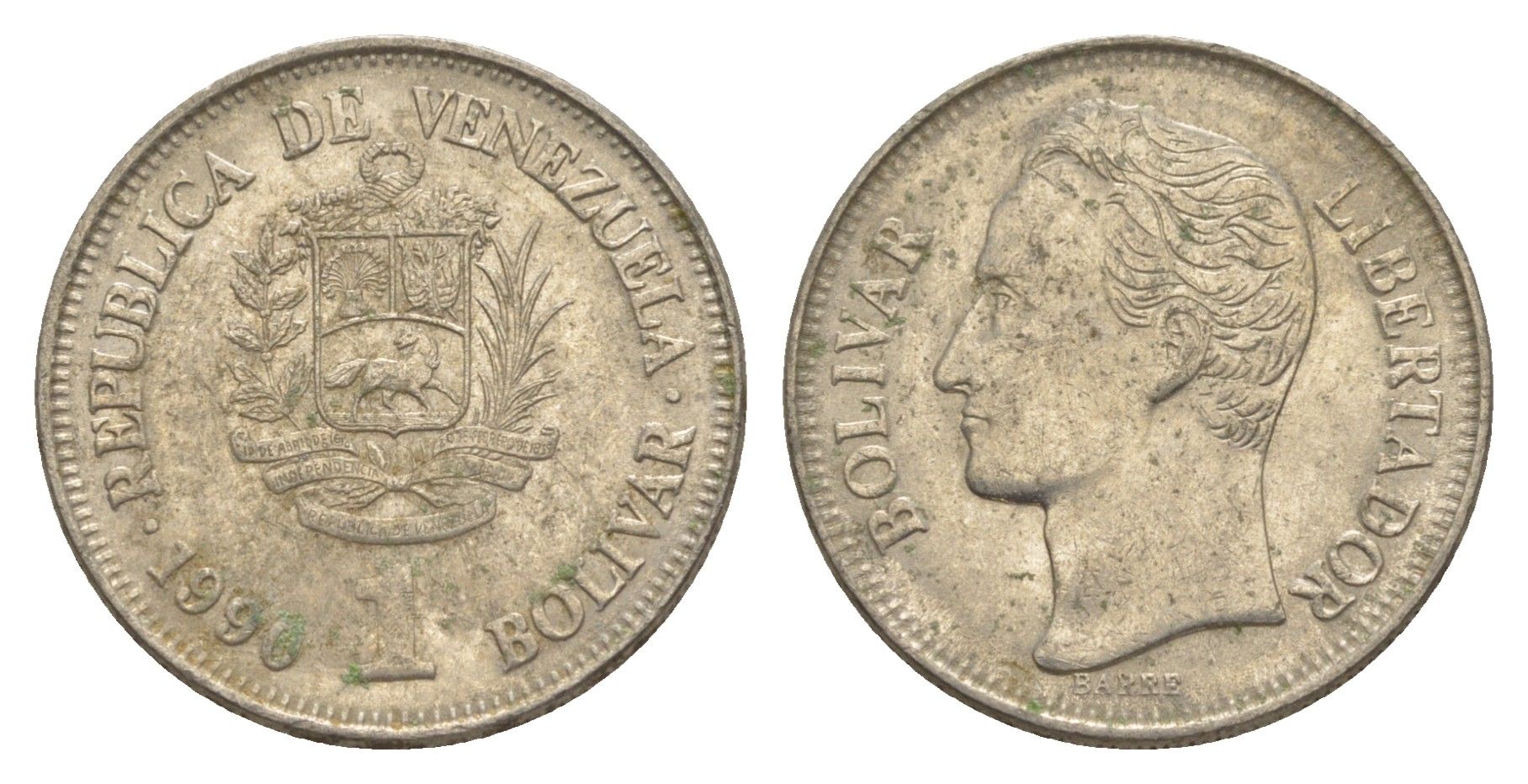 Венесуэла 1 боливар 1990 Симон Боливар, толстый шрифт Y 52a.2 сталь плакированная никелем 4592-112