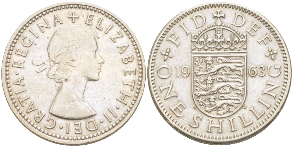 Великобритания 1 шиллинг 1963 Елизавета II (1952-2022), Английский герб KM 904, Spink 4147 медно-никель 77-334