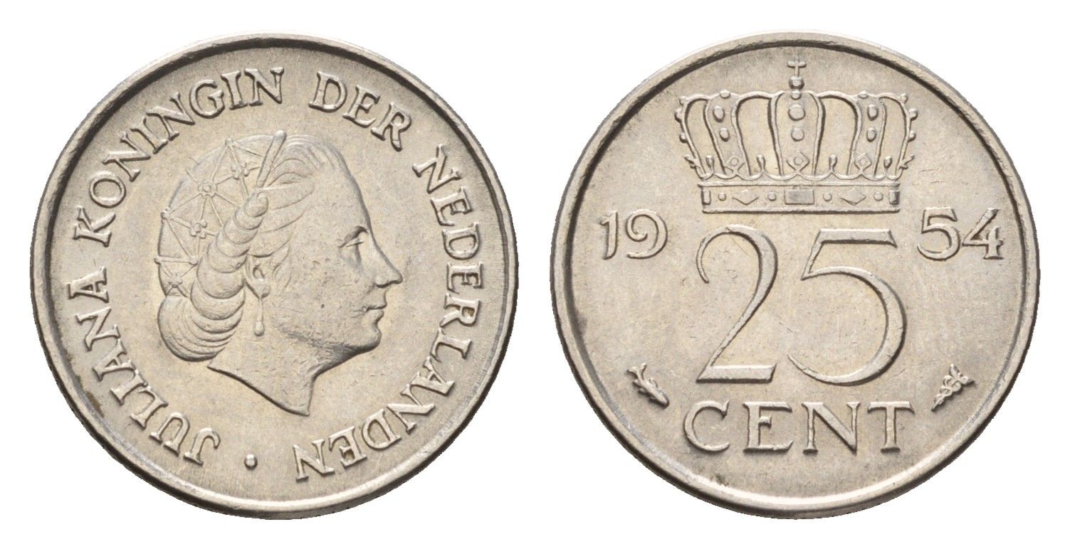 Нидерланды 25 центов 1954 Юлиана (1948-1980) KM 183 никель 4658-757