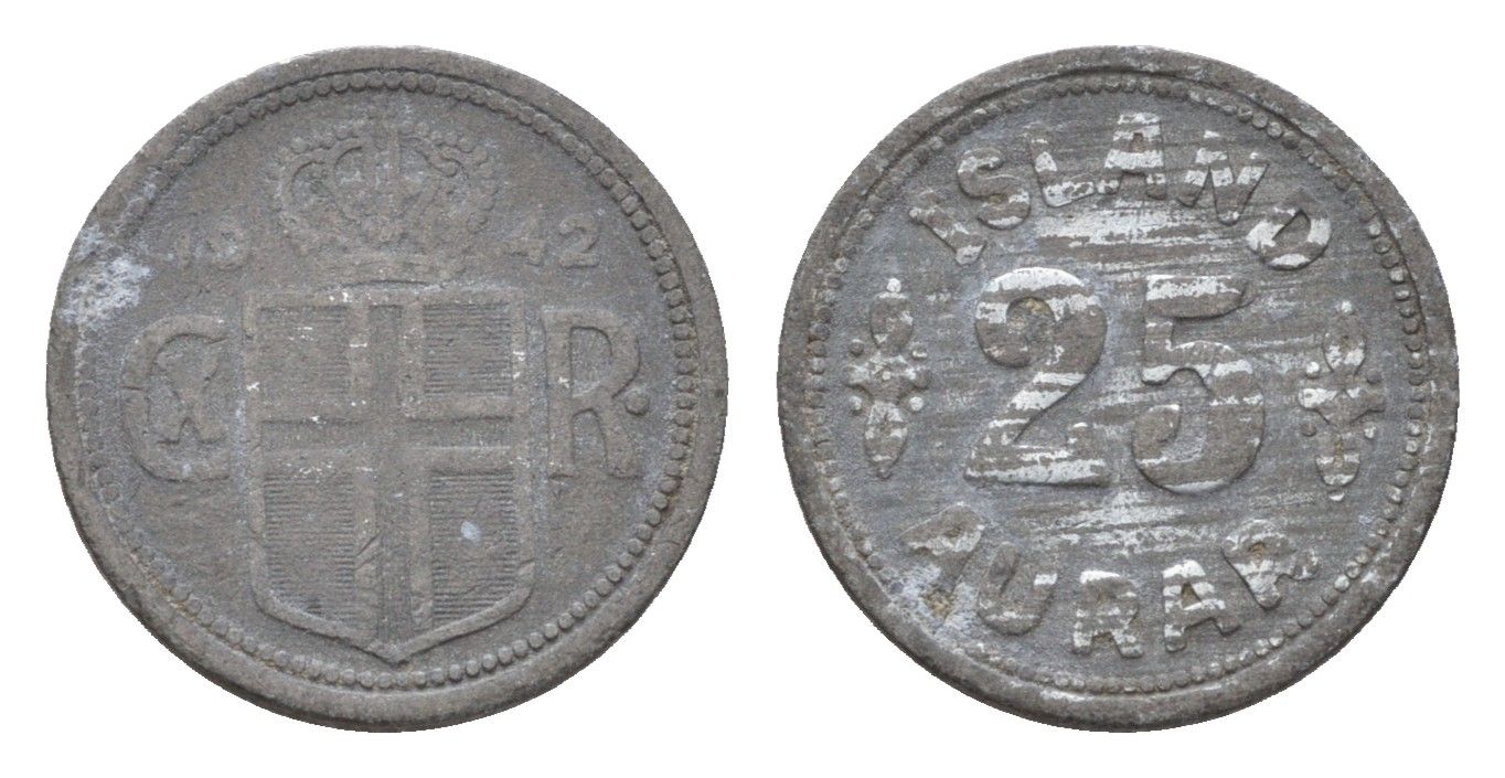 Исландия 25 эйре 1942 год-тип KM 2a цинк 220-238