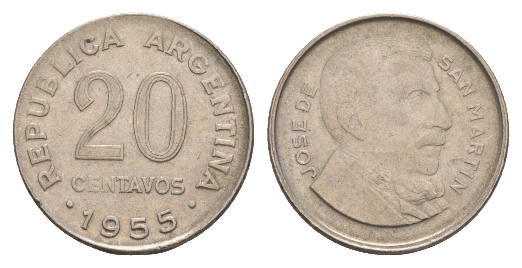 Аргентина 20 сентаво 1955 KM 52 сталь плакированная никелем 4655-1029