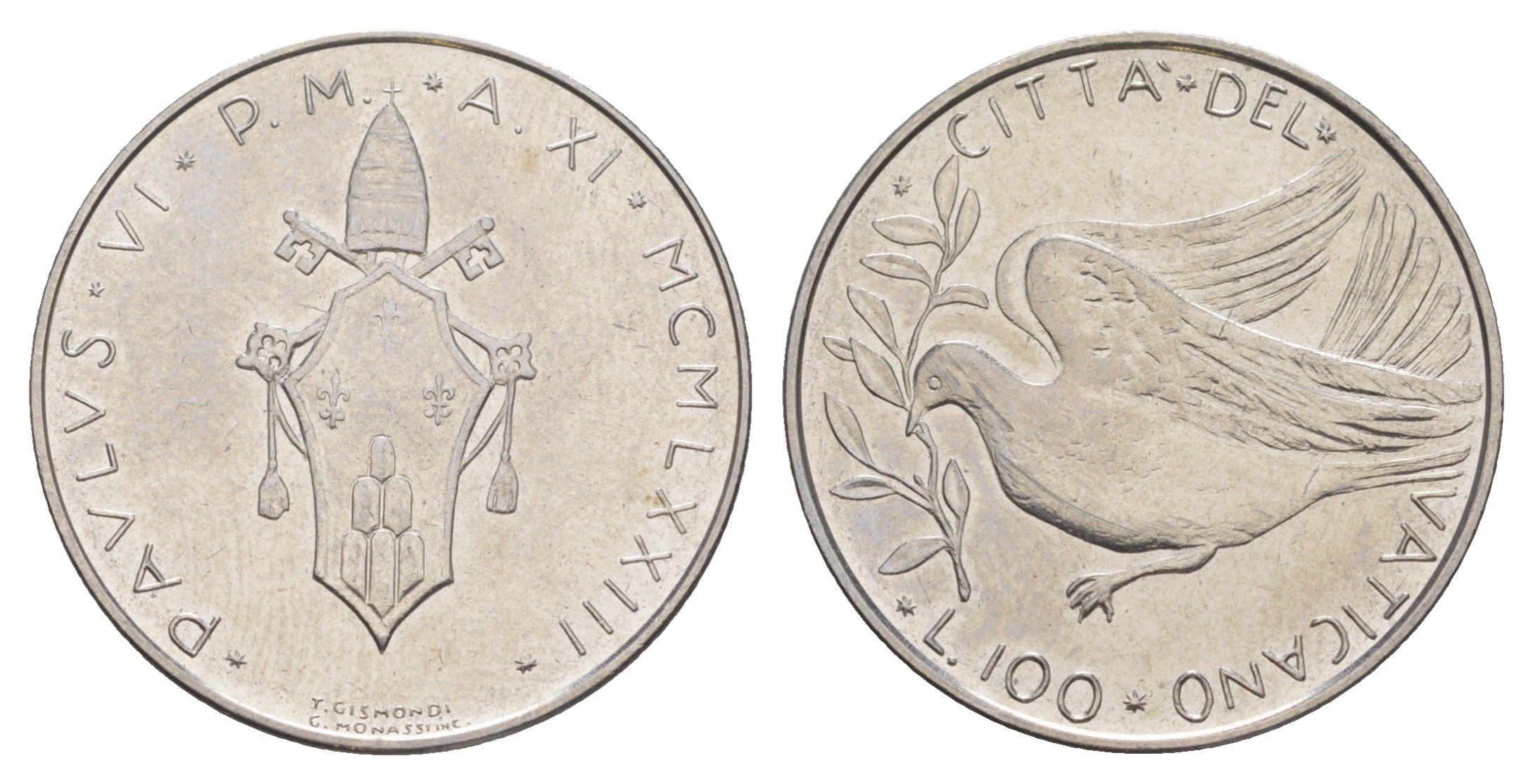 Ватикан 100 лир 1973 MCMLXXIII, Павел VI KM 122 нержавеющая сталь UNC 4648-151