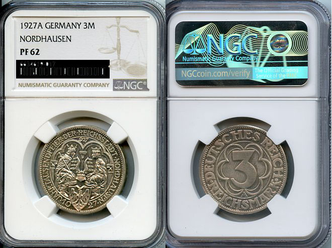 Германия 3 марки 1927 A, 1000 летие основания Нордхаузена, в слабе NGC PF 62 J. 327, KM 52 серебро  PROOF  15-011-15