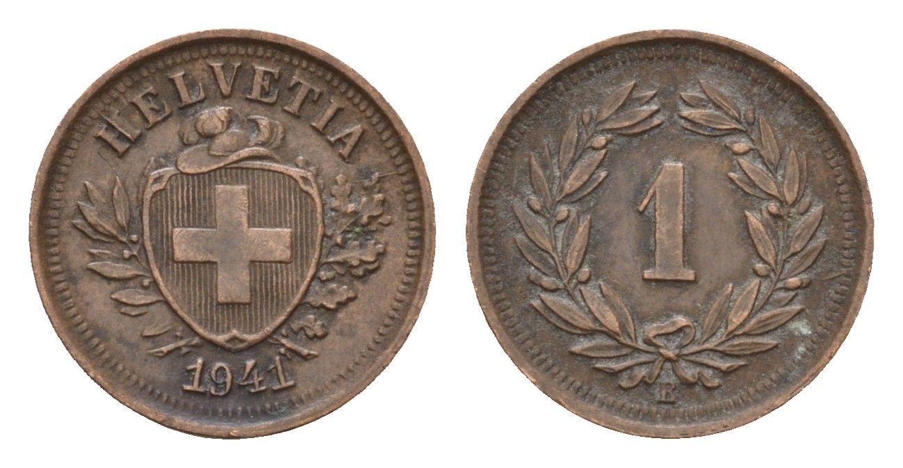 Швейцария 1 раппен 1941 KM 3 бронза 4178-315