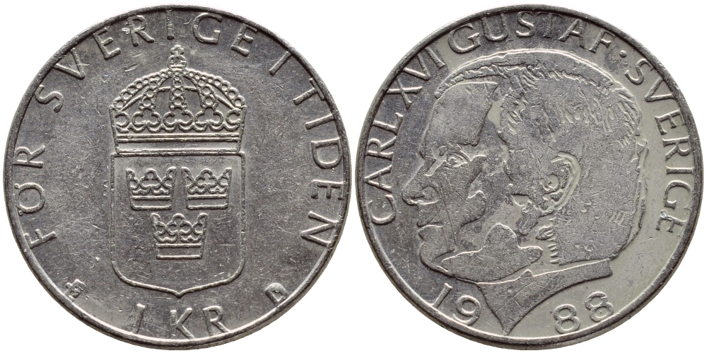 Швеция 1 крона 1988 Карл XVI Густав (1973- ) KM 852a медно-никель 4397-1225