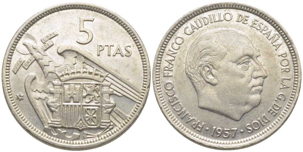 ИСПАНИЯ 5 ПЕСЕТ 1957 (74) ФРАНСИСКО ФРАНКО ДИКТАТОР ИСПАНИИ (1939-1975) KM 787 медно-никель 113-354