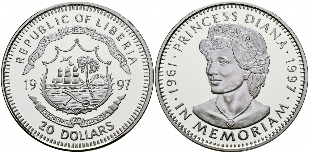 Либерия 20 долларов 1997 в память принцессы Дианы (1961-1997) KM 417 серебро PROOF 02-226-34