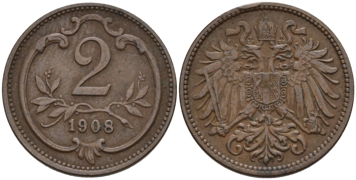 Австрия 2 геллера 1908 Франц Иосиф (1848-1916) KM 2801 бронза 220-831