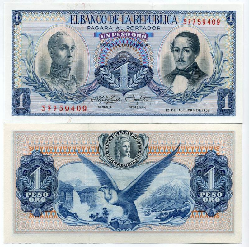 Колумбия 1 песо 1959 12 октября 1959, Симон Боливар и генерал Франсиско де Паула Сантандер Pick 404 a бумага UNC (пресс) 451-92-3