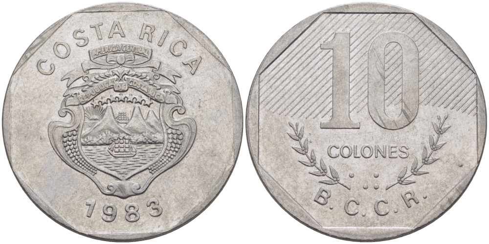 Коста-Рика 10 колонов 1983 B.C.C.R. KM 215.1 нержавеющая сталь 82-1013