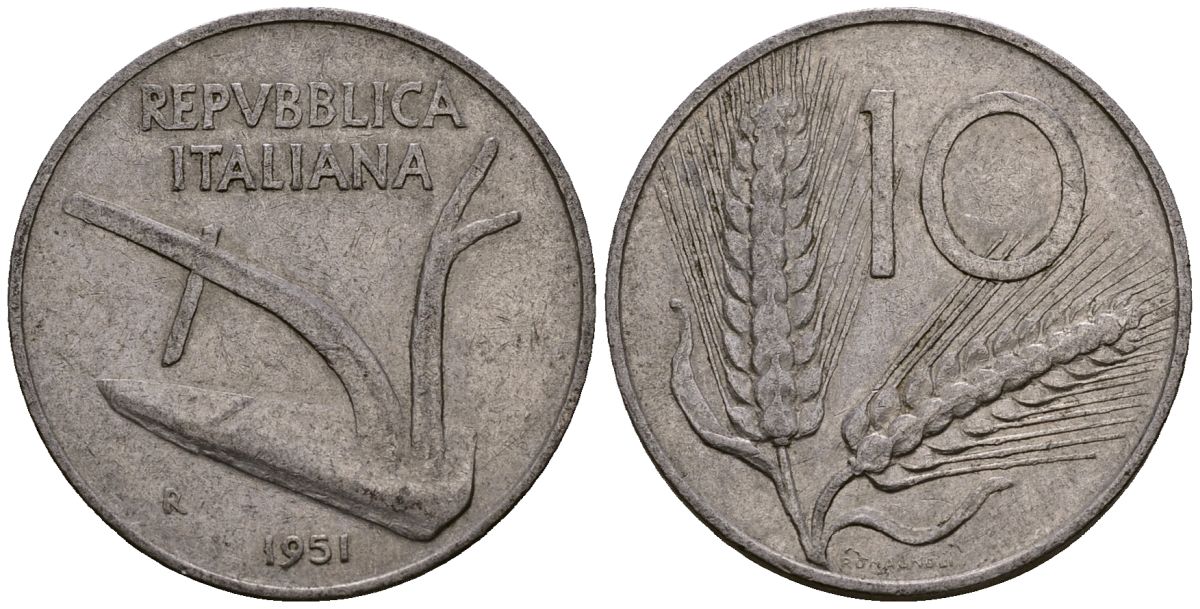 Италия 10 лир 1951 KM 93 алюминий 4176-224