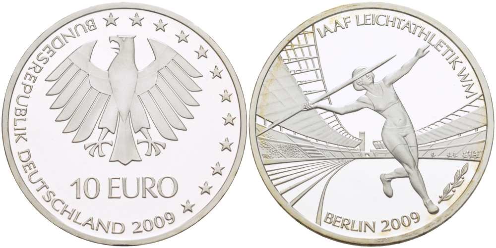 ФРГ 10 евро 2009 чемпионат мира по легкой атлетике в Берлине 2009 года, копьеметатель KM 279, DE.S 10.39 серебро PROOF 1085-5-73