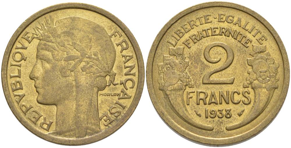 ФРАНЦИЯ 2 ФРАНКА 1938 ТИП MORLON KM 886, LE FRANC 268.11 алюминиевая бронза 3855-112