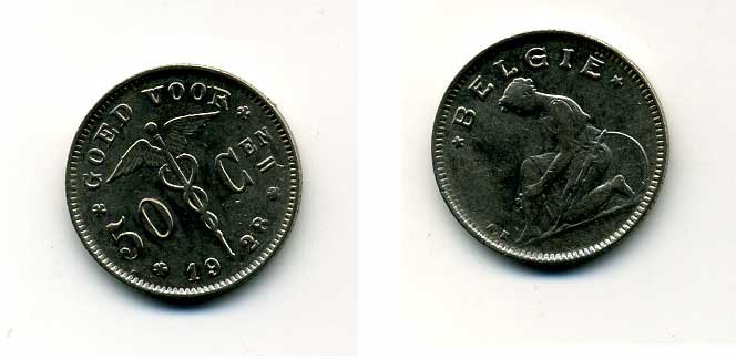 БЕЛЬГИЯ 50 САНТИМОВ 1928 BELGIE KM 88 никель 46-1956