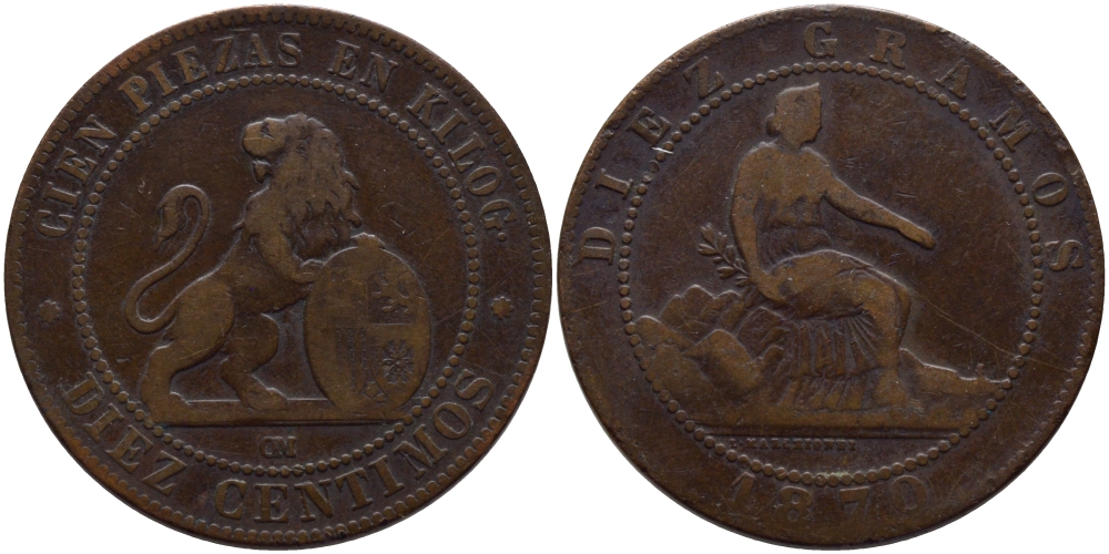 Испания 10 сентимо 1870 ОМ, лев со щитом KM 663 (Y54) медь 4389-835