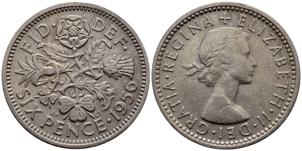 Великобритания 6 пенсов 1956 Елизавета II (1952-2022) KM 903, Spink 4149 медно-никель 75-117