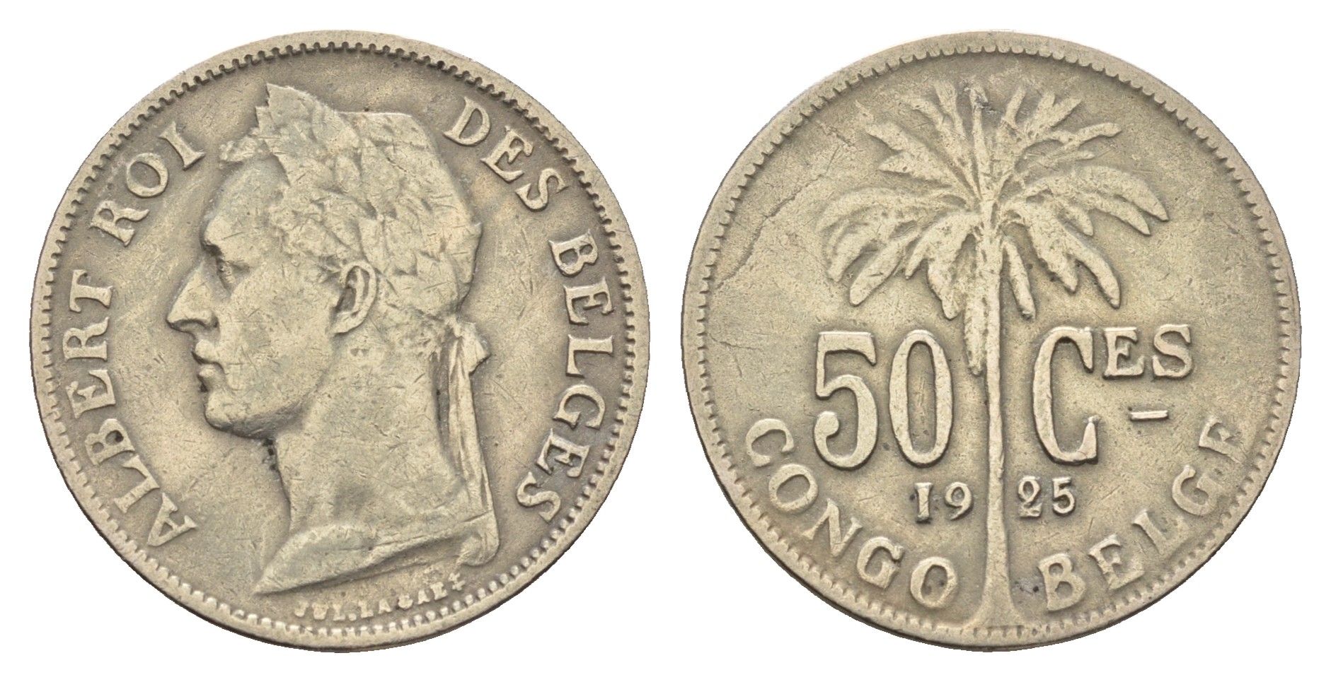 Бельгийское Конго 50 сантимов 1925 Надпись на французском - 'ALBERT ROI DES BELGES' KM 22 медно-никель 4678-1055