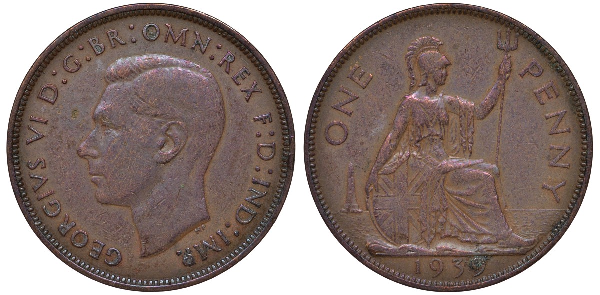 Великобритания 1 пенни 1939 Георг VI (1936-1952) KM 845, Spink 4114 бронза 4131-432