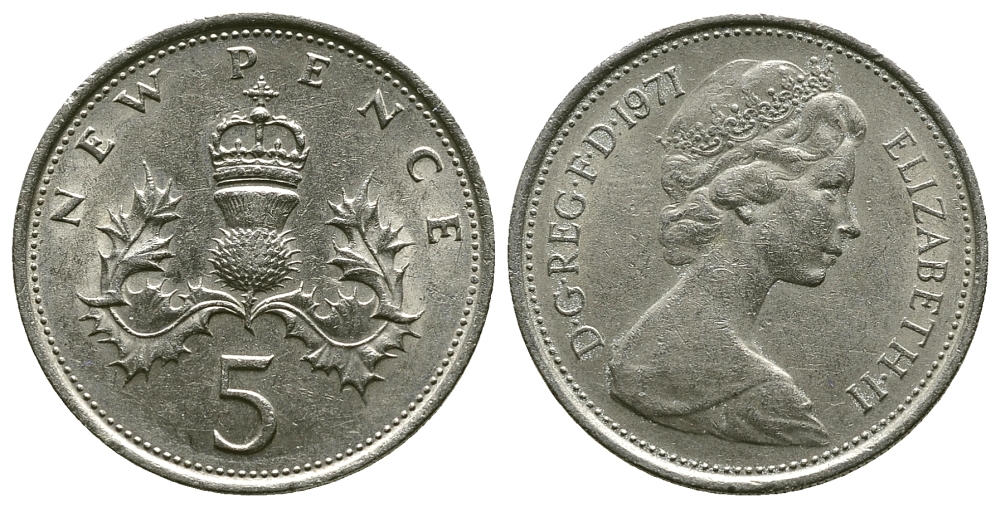Великобритания 5 пенсов 1971 Елизавета II (1952-2022) KM 911, Spink 4233 (D1) медно-никель 4384-533