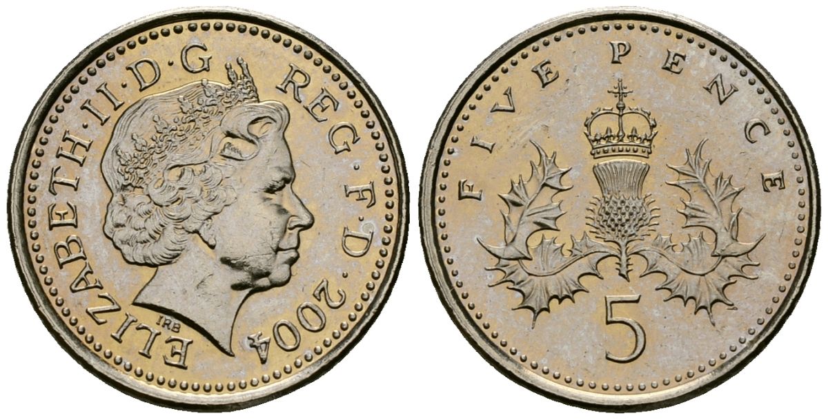 Великобритания 5 пенсов 2004 Елизавета II (1952-2022) KM 988, Spink 4670 (D5) медно-никель 4173-767