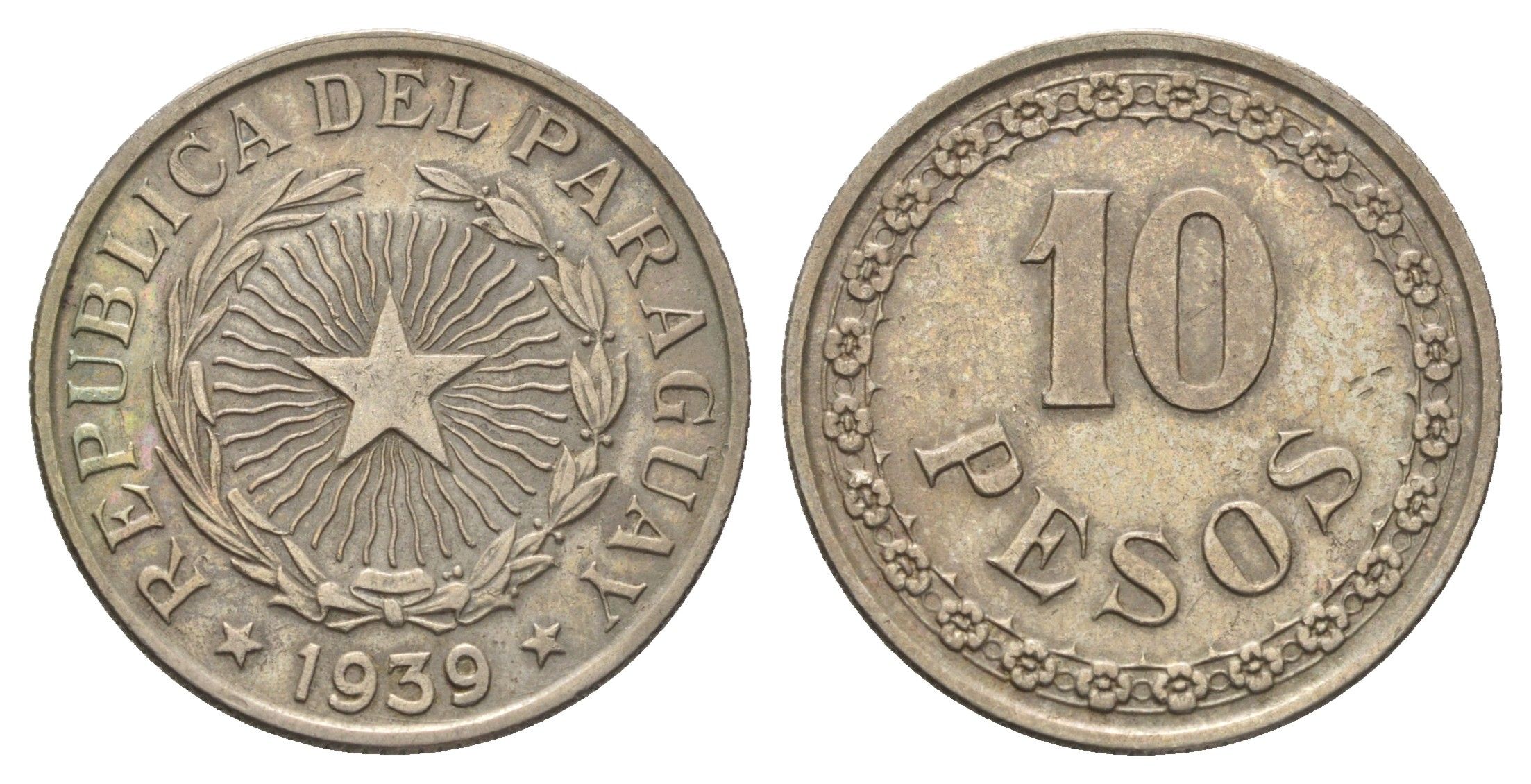 Парагвай 10 песо 1939 год-тип KM 19 медно-никель 4666-1056