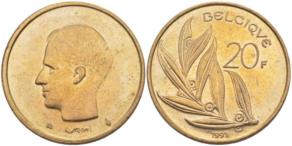 БЕЛЬГИЯ 20 ФРАНКОВ 1993 BELGIQUE KM 159 никель бронза 4395-225